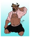  1ceberg anthro bovine bulge clothing facial_hair hair hand_behind_head hand_on_leg hooves horn kneeling male mammal meme muscular muscular_male pecs tom(1ceberg) twitter_hoodie underwear 