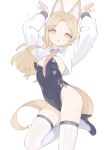  1girl :o absurdres animal_ear_fluff animal_ears black_leotard black_shoes blonde_hair blue_archive breasts commentary_request covered_navel fox_ears gman_(gsdeman) groin halo high_heels highres leotard long_hair long_sleeves looking_at_viewer necktie orange_eyes pink_necktie playboy_bunny rabbit_pose seia_(blue_archive) shoes shrug_(clothing) small_breasts solo thighhighs thighs white_shrug white_thighhighs yellow_halo 