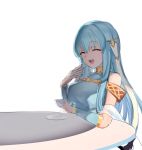  bare_shoulders blue_hair cape closed_eyes dress ei1han fire_emblem fire_emblem:_rekka_no_ken fire_emblem_heroes hair_ornament long_hair mamkute ninian open_mouth simple_background smile solo 