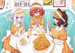  3girls 3znk alternate_costume ange_katrina animal_ears animal_hair_ornament apron back_bow blue_eyes blue_hair blush booth_seating bow brown_hair burger buttons character_hair_ornament closed_eyes colored_inner_hair commentary_request contrast_lapels cup disposable_cup dog_ears double-breasted double_bun dress drinking eating elbow_rest fast_food food food_on_face french_fries gloves group_name hair_between_eyes hair_bun hair_intakes hair_ornament hands_up highres holding holding_burger holding_cup holding_food holding_straw inui_toko lapels license_plate lize_helesta looking_at_viewer mandragora_(ange_katrina) multicolored_hair multiple_girls nijisanji orange_dress plate puffy_short_sleeves puffy_sleeves purple_eyes red_hair sanbaka_(nijisanji) sebastian_piyodore short_sleeves sidelocks sitting striped_clothes striped_dress table too_much_food two-tone_hair unworn_gloves vertical-striped_clothes vertical-striped_dress virtual_youtuber visor_cap waist_apron waitress white_apron white_hair 