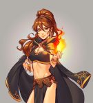  alternate_costume bracelet breasts brown_hair cape fire jewelry large_breasts long_hair mella necklace octopath_traveler ponytail primrose_azelhart simple_background smile solo 