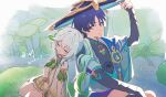  1boy 1girl anemo_symbol_(genshin_impact) animal_print arm_on_knee armlet armor arms_at_sides asymmetrical_sidelocks back-to-back bird_print black_bodysuit black_bridal_gauntlets bloomers blue_cape blue_gem blue_hat blue_kimono blue_sleeves blunt_ends bodysuit bracelet bridal_gauntlets cape choppy_bangs closed_eyes closed_mouth commentary_request dated detached_sleeves dress eyelashes eyeliner facing_viewer feathers fingernails furisode gem genshin_impact gold gold_trim green_cape green_hair green_sleeves grey_eyes grey_pupils hair_ornament hand_up hat head_on_another's_shoulder highres houhouhou0103 japanese_armor japanese_clothes jewelry jingasa juban kimono kote kurokote layered_sleeves leaf leaf_hair_ornament leaning_on_person long_hair looking_at_another makeup mandarin_collar multicolored_hair nahida_(genshin_impact) open_clothes open_kimono outdoors plant pointy_ears pom_pom_(clothes) purple_hair purple_rope purple_sash raised_eyebrow red_eyeliner rope sash scaramouche_(genshin_impact) short_sleeves shoulder_peek side_ponytail sidelocks sitting smile socks split_mouth streaked_hair tilted_headwear tsurime twitter_username vision_(genshin_impact) wanderer_(genshin_impact) white_bloomers white_dress white_hair white_kimono white_sleeves white_socks white_trim yellow_feathers yokozuwari 