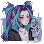  1girl aegyo_sal alternate_skin_color aqua_hair aria_blaze aria_blaze_(human) arm_at_side artist_name black_jacket black_nails blue_background blush border breasts cellphone cleavage clenched_teeth collarbone collared_jacket commentary commission curtained_hair double_v english_commentary equestria_girls:_rainbow_rocks flip_phone hand_up heart highres holding holding_phone jacket jewelry kiwi_(russianlemon) lips long_hair looking_at_viewer lower_eyelashes_only multicolored_hair my_little_pony my_little_pony:_equestria_girls my_little_pony:_friendship_is_magic nail_polish necklace open_clothes open_jacket outside_border pale_skin parted_lips phone purple_eyes purple_hair second-party_source shirt sidelocks simple_background solo sonata_dusk sonata_dusk_(human) sparkle star_(symbol) star_necklace streaked_hair teeth thick_eyebrows twintails two-tone_hair v white_border white_shirt 