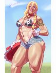  1girl abs alternate_muscle_size animal_print arm_tattoo bell biceps bikini bikini_under_clothes blonde_hair breasts commentary cow_print cow_print_bikini cowboy_hat denim denim_shorts dlusional english_commentary fingerless_gloves gloves hat head_tilt highres holding holding_unworn_clothes holding_unworn_hat kitt_(pokemon) large_breasts mole mole_on_breast mole_on_stomach muscular muscular_female navel neck_bell one_eye_closed open_fly pokemon pokemon_champions print_bikini red_hat short_shorts shorts solo stomach strap_pull sweat swimsuit tattoo thick_thighs thighs thong_bikini unworn_hat unworn_headwear white_gloves 