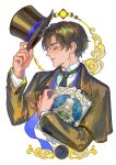  1boy arrodes_(lord_of_the_mysteries) aubergrin black_hair black_necktie brown_hair closed_eyes closed_mouth collared_shirt cropped_torso curtained_hair hat highres holding holding_unworn_clothes holding_unworn_hat jacket klein_moretti long_sleeves lord_of_the_mysteries male_focus necktie nose profile shirt short_hair simple_background smile solo top_hat unworn_hat unworn_headwear upper_body white_background white_shirt 