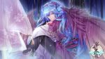  ban_shijie_zhi_lu black_wings blue_hair bow copyright_request fantasy feathered_wings hair_bow hand_on_own_arm head_fins knees_up long_hair looking_at_viewer male_focus nail_polish official_art pink_nails purple_eyes rain ran_(artist) sitting tree very_long_hair watermark wings 