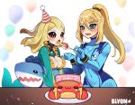  2girls balloon birthday birthday_cake biyon_tran blonde_hair blue_bodysuit blue_eyes blush bodysuit breasts cake cake_slice candle cleavage colored_sclera commentary commission crab crossover double-parted_bangs english_commentary feeding food fork hair_between_eyes happy_birthday highres holding holding_fork large_breasts league_of_legends long_hair mermaid metroid mini_party_hat mole mole_under_mouth monster_girl multiple_girls nami_(league_of_legends) number_candle open_mouth red_eyes samus_aran skin_tight smile stuffed_animal stuffed_shark stuffed_toy white_background zero_suit 