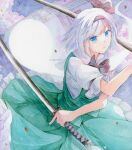  1girl artist_name black_bow black_bowtie black_hairband blue_eyes bow bowtie collared_shirt commentary_request dual_wielding frilled_skirt frills green_vest grey_hair hairband hitodama holding holding_sword holding_weapon katana konpaku_youmu konpaku_youmu_(ghost) lloyd_irving looking_at_viewer open_mouth painting_(medium) shirt short_hair skirt skirt_set solo sword touhou traditional_media vest watercolor_(medium) weapon white_shirt yanagise 