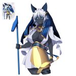  1girl absurdres alternate_costume ancient_egyptian_clothes ankh black_skin blue_eyes bracelet braid breasts cleavage colored_skin cropped_legs dress furrification furry furry_female grey_hair grey_skin highres holding holding_staff izayoi_sakuya jewelry large_breasts long_hair looking_at_viewer maid_headdress reference_inset solo staff tohotopia touhou twin_braids umisaki usekh_collar white_dress 