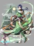  ban_shijie_zhi_lu blue_eyes blue_hair boots cloud cloud_print copyright_request egasumi fantasy full_body full_moon green_footwear grey_background highres long_hair looking_at_viewer looking_back male_focus moon mountain official_art paintbrush ponytail ran_(artist) standing tassel watermark 