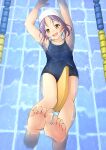  1girl absurdres barefoot blue_one-piece_swimsuit check_commentary commentary_request commission competition_school_swimsuit feet flat_chest highres kickboard lane_line looking_at_viewer on_water one-piece_swimsuit open_mouth original pool purple_hair school_swimsuit shibacha short_hair smile soles solo swim_cap swimsuit toes water yellow_eyes 