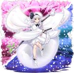  1girl alternate_costume black_bow black_bowtie black_hairband blue_petals bow bowtie cape cherry_blossoms closed_mouth falling_petals flower flower_request full_body game_cg grey_hair hairband hat highres hitodama holding holding_sword holding_weapon japanese_clothes katana kimono konpaku_youmu konpaku_youmu_(cherry_blossom) konpaku_youmu_(ghost) long_sleeves looking_at_viewer multiple_swords official_art petals pink_flower pink_petals red_eyes rotte_(1109) sandals short_hair socks solo split_theme sword third-party_source touhou touhou_lostword transparent_background tree weapon white_cape white_hat white_kimono white_sandals white_socks wide_sleeves 