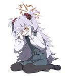  1girl artpatient black_pantyhose blue_archive brown_eyes brown_halo collared_shirt commentary dress eyeball_hair_ornament grey_dress grey_hair hair_over_one_eye halo hands_on_own_cheeks hands_on_own_face heart heart-shaped_pupils highres kanoe_(blue_archive) long_hair long_sleeves looking_at_viewer open_mouth pantyhose pinafore_dress shirt sitting sleeveless sleeveless_dress solo symbol-shaped_pupils two_side_up very_long_hair wariza white_shirt 