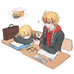  1boy 1girl :q ? ?? ahoge arms_on_table black_jacket blonde_hair blush_stickers braid brown_bag chair chinese_commentary command_spell commentary_request cropped_torso desk dreaming eraser fate/strange_fake fate_(series) gakuran glasses hair_tie head_on_arm highres holding holding_hair_tie hood hood_down hoodie jacket jacket_over_hoodie looking_at_another multicolored_hair open_clothes open_jacket pencil_case red_eyes red_hair red_hoodie richard_i_(fate) sajou_ayaka_(fate/strange_fake) school_chair school_desk school_uniform sleeping sleeping_on_desk sleeping_upright sparkle speech_bubble spoken_character streaked_hair thought_bubble tongue tongue_out two-tone_hair tying_another's_hair unworn_eyewear yyyiiiii 