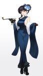  1girl absurdres alternate_costume alternate_hair_color alternate_hairstyle armpit_crease bare_shoulders black_boots black_gloves black_hair blue_dress boots breasts collared_dress crossed_legs detached_sleeves dress earrings feather_boa flower frilled_gloves frills frown full_body girls'_frontline girls'_frontline_2:_exilium gloves hair_bun hair_flower hair_ornament high_heel_boots high_heels highres holding jewelry kiseru large_breasts long_hair looking_at_viewer makiatto_(girls'_frontline_2) nogong open_mouth red_eyes revision sideboob simple_background sleeveless sleeveless_dress smoking_pipe solo standing v-shaped_eyebrows wa2000_(girls'_frontline) watson_cross white_background wide_sleeves 