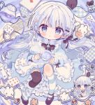  1girl :o ace_(playing_card) ace_of_diamonds apron asymmetrical_legwear blue_bow blue_dress blue_eyes blue_hair blunt_bangs blush bow bowtie brown_bow brown_bowtie brown_shoes brown_thighhighs card chibi chibi_inset closed_mouth commentary commission cup diamond_(shape) dress frilled_apron frilled_dress frills full_body hair_bow hair_intakes hair_ribbon highres holding holding_cup holding_spoon iriam kamizakana_iriko kneehighs long_hair long_sleeves looking_at_viewer low_twintails mismatched_legwear open_mouth playing_card rabbit ribbon seven_of_hearts shiroto_ao shoes single_kneehigh single_leg_warmer single_sock single_thighhigh six_of_diamonds skeb_commission socks spoon striped_clothes striped_socks teacup teapot thighhighs twintails twitter_username two_of_spades uneven_legwear virtual_youtuber white_apron white_bow 