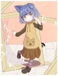  1girl alternate_costume animal_ears bastet_lore black_boots blue_hair boots brown_skirt cat_ears cat_girl cat_tail commentary_request emil_chronicle_online highres hood hoodie open_mouth orange_hoodie senkyoku_niban skirt socks solo standing standing_on_one_leg striped_clothes striped_socks tail yellow_eyes 
