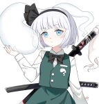  1girl absurdres black_bow black_bowtie black_hairband blue_eyes bow bowtie closed_mouth collared_shirt green_skirt green_vest grey_hair hairband highres hitodama hitodama_print homura_(homura_me) katana konpaku_youmu konpaku_youmu_(ghost) long_sleeves looking_at_viewer shirt signature simple_background skirt skirt_set solo sword touhou vest weapon white_background white_shirt 