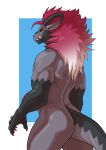  2018 anthro back_muscles biceps black_sclera butt butt_focus claws dragon fangs hair horn looking_at_viewer looking_back male multicolored_hair muscular muscular_male negger nude pecs pinup pose red_claws red_eyes red_hair scalie simple_background smile solo standing teeth three-quarter_view tricep white_hair 