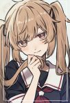  1girl black_serafuku black_shirt brown_eyes brown_hair highres holding holding_own_hair kantai_collection long_hair murasame_(kancolle) neckerchief one-hour_drawing_challenge red_neckerchief sailor_collar sailor_shirt school_uniform serafuku shirt solo sumoffu twintails upper_body white_sailor_collar 
