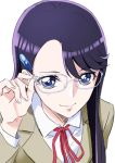  adjusting_eyewear asymmetrical_hair blue_eyes brown_jacket commentary glasses glasses_day hair_ornament hairclip heartcatch_precure! jacket long_hair looking_at_viewer myoudou_gakuen_high_school_uniform neck_ribbon precure purple_hair red_ribbon ribbon school_uniform shiny shiny_hair shirt simple_background smile solo tsukikage_oyama tsukikage_yuri upper_body white-framed_eyewear white_background white_shirt 