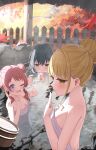  3girls ;o absurdres bathing blonde_hair breasts brown_hair bucket character_request cleavage commentary_request double_bun falling_leaves fujita_kotone gakuen_idolmaster grey_hair hair_bun hanami_saki highres huge_hair_bun idolmaster interlocked_fingers jitome kabomeel_lse leaf maple_leaf multiple_girls naked_towel one_eye_closed onsen own_hands_together palms_together partially_submerged re;iris_(idolmaster) same-sex_bathing shared_bathing smile towel tsukimura_temari wooden_bucket 