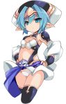  1girl blue_hair cameltoe expressionless female hellmatio karukan_(monjya) panties pointy_ears shinrabanshou simple_background solo thighhighs underwear white_background 