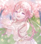  1girl belt blue_eyes blurry blurry_background brown_hair buku_chin cherry_blossoms commentary_request dress falling_petals fingernails gakuen_idolmaster highres himesaki_rinami idolmaster long_hair looking_at_viewer nail_polish official_alternate_costume outdoors petals pinafore_dress ribbed_shirt shirt sleeveless sleeveless_dress solo white_dress white_shirt 