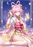  1girl absurdres barefoot breasts chinese_clothes closed_mouth commentary diamond-shaped_pupils diamond_(shape) dress elysia_(hi_love_elf)_(honkai_impact) elysia_(honkai_impact) elysia_(lunar_grace)_(honkai_impact) feet feixianji_(hairstyle) fingernails hair_intakes hair_ornament hair_rings hand_up highres honkai_(series) honkai_impact_3rd long_hair looking_at_viewer medium_breasts multicolored_hair nail_polish pink_hair pink_nails pointy_ears purple_eyes shuangyaji sitting smile solo ssamsa0404 streaked_hair symbol-shaped_pupils thighs toes very_long_hair yokozuwari 