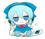  1girl azuma_meri blue_bow blue_dress blue_eyes blue_hair blue_shoes bow bowtie chibi chibi_only cirno closed_mouth collared_shirt commentary_request double-parted_bangs dress full_body fumo_(doll) hair_between_eyes hair_bow headphones jitome mp3_player musical_note pinafore_dress red_bow red_bowtie shirt shoes short_hair short_sleeves simple_background sitting sleeveless sleeveless_dress smile solo touhou v-shaped_eyebrows white_background white_shirt 