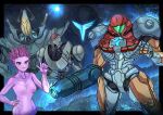  2others 3girls arm_cannon armor assault_visor blue_visor commentary_request dark_samus gandrayda ghor green_visor hand_on_own_hip helmet metroid metroid_prime_3:_corruption multiple_girls multiple_others ped_suit power_suit_(metroid) rundas samus_aran science_fiction see-through_body shoulder_armor smile space wakaba_(wata_ridley) weapon 