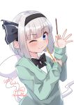  1girl ;) artist_name black_bow black_bowtie black_hairband blue_eyes blunt_bangs blunt_ends blush bob_cut bow bowtie collared_shirt commentary_request dated food ghost green_sweater hairband hands_up highres holding holding_food holding_pocky konpaku_youmu konpaku_youmu_(ghost) looking_at_viewer medium_hair one_eye_closed pocky pocky_day rital shirt shirt_under_sweater signature simple_background sleeves_past_wrists smile solo sweater touhou upper_body v-neck watermark white_background white_hair white_shirt wing_collar 