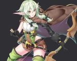  arrow asymmetrical_sleeves black_background black_bow black_gloves boots bow bow_(weapon) brown_shorts cloak cowboy_shot elf gloves goblin_slayer! green_eyes green_hair hair_bow high_elf_archer_(goblin_slayer!) holding holding_weapon hood hooded_cloak kaiend long_hair looking_to_the_side pink_lips pointy_ears shorts sidelocks simple_background sleeveless smile solo thigh_boots thighhighs weapon 