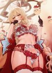  1girl alice_(genshin_impact) ayul_(ayulneri_92) black_gloves blonde_hair bra breasts commentary_request genshin_impact gloves highres large_breasts lingerie long_hair looking_at_viewer navel orange_eyes panties pointy_ears red_garter_belt red_garter_straps solo stomach thighhighs thighs underwear very_long_hair white_bra white_panties white_thighhighs 