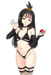  1girl :q bare_shoulders black_bra black_eyes black_gloves black_hair black_nails black_panties bra breasts commentary_request cowboy_shot cube_hair_ornament elbow_gloves fingerless_gloves fingernails fishnet_thighhighs fishnets gloves hair_ornament highres holding holding_poke_ball jewelry lida_(pokemon) long_hair nail_polish narrowed_eyes navel o-ring o-ring_bra ok_sign panties poke_ball poke_ball_(basic) pokemon pokemon_legends:_z-a ring simple_background siraisi2121 smile solo split_mouth stomach thighhighs thighs tongue tongue_out topknot underwear white_background 