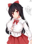  1girl black_hair blush braid breasts bursting_breasts cleavage closed_mouth kirim large_breasts long_hair looking_at_viewer red_eyes ribbon shirt skirt smile solo white_shirt 