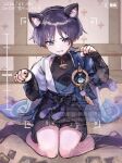  1boy anemo_symbol_(genshin_impact) animal_ear_fluff animal_ear_hairband animal_ears armor battery_indicator belt black_belt black_bodysuit black_bow black_bridal_gauntlets black_hairband black_shorts black_socks blue_cape blue_kimono blue_sleeves blunt_ends bodysuit bow bridal_gauntlets bright_pupils cape card cat_ears choppy_bangs clenched_hands clenched_teeth commentary_request covered_collarbone dated dice eyeliner fake_animal_ears feathers fingernails furisode genius_invokation_tcg genshin_impact gold gold_ring gurumin_(gurruguru) hairband hakama hakama_shorts hands_up indoors japanese_armor japanese_clothes juban kimono kote kurokote layered_sleeves makeup male_focus mandarin_collar middle_ring open_clothes open_kimono parted_bangs paw_pose pleated_shorts pom_pom_(clothes) purple_eyes purple_hair purple_rope purple_sash red_eyeliner rope sash scaramouche_(genshin_impact) short_sleeves shorts shoulder_peek side_cape sitting socks solo stirrup_legwear tassel teeth toeless_legwear tsurime twitter_username viewfinder vision_(genshin_impact) wanderer_(genshin_impact) wariza watermark white_kimono white_pupils white_sleeves white_trim yellow_feathers 