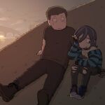  1boy 1other absurdres alternate_costume angel_martinez blush boots brown_hair cigarette clinical_trial_(game) commentary converse denim english_commentary eyeshadow grass highres holding holding_cigarette homunculus100 hood hoodie jeans jitome lee_smith makeup other_with_male outdoors pants scene_fashion shirt shoes sitting smirk sneakers t-shirt toon_(style) torn_clothes torn_jeans torn_pants wavy_mouth 