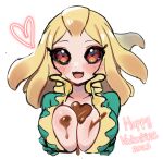  1girl 2023 absurdres biyon_tran black_sclera blonde_hair blush breasts candy chocolate chocolate_on_body chocolate_on_breasts colored_sclera colored_skin commentary cropped_torso english_commentary food food_on_body green_skin happy_valentine heart heart-shaped_chocolate heart-shaped_food highres large_breasts league_of_legends long_hair looking_at_viewer mermaid monster_girl multicolored_skin nami_(league_of_legends) open_mouth red_eyes smile solo two-tone_skin valentine 