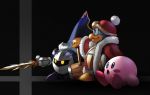  armor beak black_background blue_skin blush_stickers cape commentary from_side fur_coat fur_trim galaxia_(sword) gauntlets gloves glowing glowing_eyes hammer hand_on_hip highres king_dedede kirby kirby_(series) mask meta_knight multiple_boys nin_nakajima open_mouth pink_skin pointing_weapon sitting smile super_smash_bros. super_smash_bros._ultimate surprised sword weapon yellow_eyes 