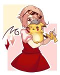  bangs blonde_hair blush_stickers covered_face cowboy_shot crossover crystal detective detective_pikachu eyewear_on_head flandre_scarlet gen_1_pokemon hat holding holding_pokemon one_eye_closed pikachu pointy_ears pokemon pokemon_(creature) puffy_short_sleeves puffy_sleeves red_eyes red_skirt red_vest shirt short_sleeves side_ponytail skirt smile sunglasses touhou vest white_shirt yoruny 