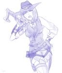  1girl artist_name ashe_(overwatch) breasts cowboy_hat denim denim_shorts elizabeth_ashe female gun hair_over_one_eye hand_on_hip handgun hat hat_over_one_eye high_resolution highleg hips holster large_breasts long_hair looking_at_viewer monochrome necktie overwatch picantium shorts simple_background thigh_holster thighs underwear very_high_resolution waist weapon white_background 