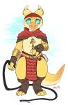  2018 ankh anthro bedroom_eyes belly claws clothing digital_media_(artwork) dungeons_&amp;_dragons egyptian half-closed_eyes kobold looking_at_viewer maim male navel reptile scales scalie seductive simple_background sirocco smile solo thick_thighs whip white_background wide_hips 