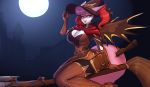  2018 5_fingers anthro belise94 belt big_breasts blizzard_entertainment book boots braixen breasts broom broom_riding cleavage clothed clothing cosplay dress female footwear full_moon fully_clothed hair hat hi_res magic_user mercy_(overwatch) moon night nintendo outside overwatch pok&eacute;mon pok&eacute;mon_(species) shiny_pok&eacute;mon solo thigh_boots video_games witch witch_hat 