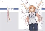  1girl brown_hair celebration denim duoyuanjun english_text eyebrows_visible_through_hair eyes_closed facial_mark girls_frontline hair_ribbon happy highres jeans jersey m1903_springfield m1903_springfield_(girls_frontline) national_football_league new_england_patriots pants ribbon solo white_background 