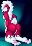  2018 anthro anthrofied breasts butt canine digital_media_(artwork) female fluffy fluffy_tail fur hair hi_res looking_at_viewer lycanroc mammal midnight_lycanroc multicolored_fur nintendo nipples nude open_mouth paws pok&eacute;mon pok&eacute;mon_(species) pok&eacute;morph purple_eyes pussy rear_view red_fur simple_background solo two_tone_fur video_games visionaryserpent white_fur white_hair 