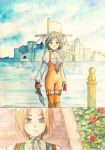  1girl black_hair blonde_hair bodysuit breasts cleavage commentary_request deboo final_fantasy final_fantasy_ix flower garnet_til_alexandros_xvii gloves medium_breasts orange_bodysuit short_hair smile stairs tail traditional_media water watercolor_(medium) zidane_tribal 