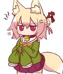  anger_vein animal_ear_fluff animal_ears bangs bell bell_collar blush brown_collar closed_mouth collar cowboy_shot eyebrows_visible_through_hair fox_ears fox_girl fox_tail furrowed_eyebrows green_shirt hair_between_eyes hair_bun hair_ornament jingle_bell kemomimi-chan_(naga_u) long_sleeves looking_at_viewer naga_u orange_neckwear original pleated_skirt purple_skirt ribbon-trimmed_legwear ribbon_trim sailor_collar school_uniform serafuku shirt simple_background skirt sleeves_past_fingers sleeves_past_wrists solo standing tail thighhighs tied_sleeves v-shaped_eyebrows white_background white_legwear white_sailor_collar 