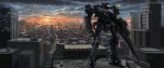  armored_core building city_below city_lights cityscape cloud cloudy_sky commentary_request glowing glowing_eye gun havocx highres holding holding_gun holding_weapon mecha no_humans rifle road scenery sky standing street sunset weapon 