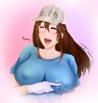  1girl alternative_bust_size blue_shirt blush brown_eyes brown_hair eyebrows_visible_through_hair eyes_closed female grown_up hat hataraku_saibou high_resolution open_mouth picantium platelet_(hataraku_saibou) poking shirt short_sleeves smile solo teeth tickling upper_body white_hat white_headwear 